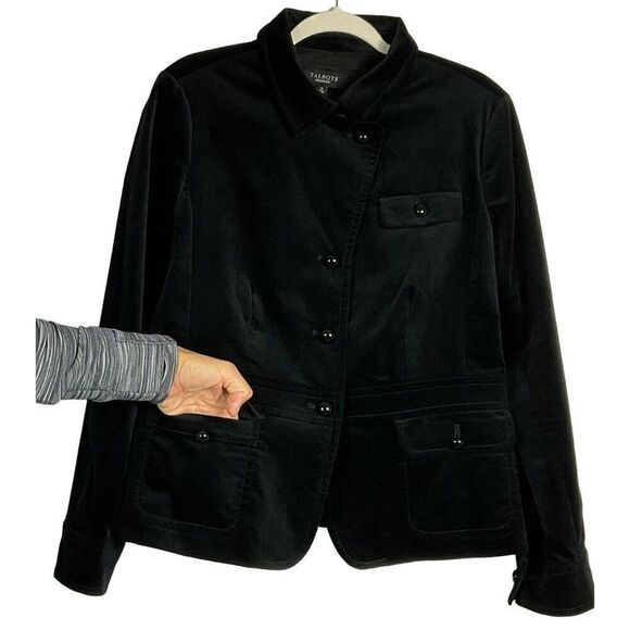 Talbots Women's Black Velvet Peplum Blazer Jacket Size 12, Lined, Pockets - Picture 2 of 11